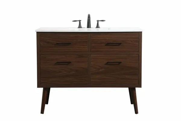 This bathroom vanity is a perfect way to outfit your home in authetic midcentury modern style. The clean lines anchors the design, while the oblique tapered cylinder legs add subtle interest. A black handle adorns the top drawer hiding the base of the undermount porcelain sink while another one allows you to pull the bottom drawer out, letting you store your bathroom necessities and toiletries. The storage drawers provide much needed function and can be used for stowing items like extra toothbrushes, hairbrushes, and other bathroom essentials to help you get ready to face the day. This vanity is a quick update for your bathroom with trendy style. Collection: Boise Rooms: bathroom Finish: Walnut Width: 22.00" Height: 33.50" Length: 42.00" Weight: 130.00 lb Material: Solid wood and MDF Country of Origin: Vietnam Manufacturer Warranty: 1 year limited