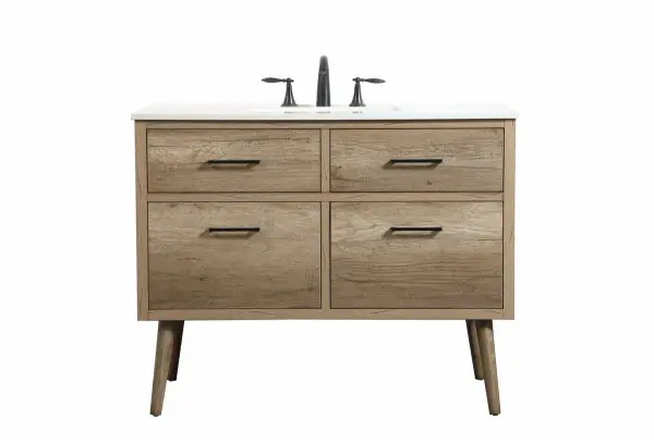 This bathroom vanity is a perfect way to outfit your home in authetic midcentury modern style. The clean lines anchors the design, while the oblique tapered cylinder legs add subtle interest. A black handle adorns the top drawer hiding the base of the undermount porcelain sink while another one allows you to pull the bottom drawer out, letting you store your bathroom necessities and toiletries. The storage drawers provide much needed function and can be used for stowing items like extra toothbrushes, hairbrushes, and other bathroom essentials to help you get ready to face the day. This vanity is a quick update for your bathroom with trendy style. Collection: Boise Rooms: bathroom Finish: Natural Oak Width: 22.00" Height: 33.50" Length: 42.00" Weight: 130.00 lb Material: Solid wood and MDF Country of Origin: Vietnam Manufacturer Warranty: 1 year limited