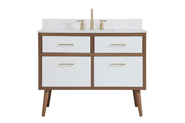 Delve into a world of minimalistic fashion and contemporary styling with this midcentury modern 42" vanity. The clean lines anchors the design, while the oblique tapered cylinder legs add subtle interest. However, the artful juxtaposition between the walnut brown and matte white creates a blend of bright modernity and classical traditions. A gold handle adorns the top fake drawer hiding the base of the undermount porcelain sink while another one allows you to pull the bottom drawer out, letting you store your bathroom necessities and toiletries. The compact size makes it the perfect vanity for any bathroom or powder room, regardless of size. Comes with a matching backsplash to complete the look and protects your wall. Collection: Boise Rooms: Bathroom Finish: White Width: 22.00" Height: 33.50" Length: 42.00" Weight: 130.00 lb Material: MDF Country of Origin: Vietnam Manufacturer Warranty: 1 year limited Spec Sheet