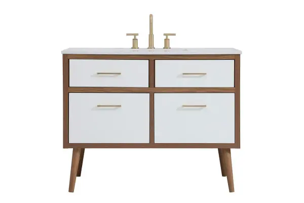 Delve into a world of minimalistic fashion and contemporary styling with this midcentury modern 42" vanity. The clean lines anchors the design, while the oblique tapered cylinder legs add subtle interest. However, the artful juxtaposition between the walnut brown and matte white creates a blend of bright modernity and classical traditions. A gold handle adorns the top fake drawer hiding the base of the undermount porcelain sink while another one allows you to pull the bottom drawer out, letting you store your bathroom necessities and toiletries. The compact size makes it the perfect vanity for any bathroom or powder room, regardless of size. Collection: Boise Rooms: bathroom Finish: White Width: 22.00" Height: 33.50" Length: 42.00" Weight: 130.00 lb Material: Engineered stone and Porcelain and steel Country of Origin: Vietnam Manufacturer Warranty: 1 year limited Spec Sheet