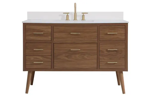 This 48-inch vanity blends midcentury modern design with contemporary functionality. Clean lines and tapered cylinder legs create visual interest, while gold hardware adds a touch of elegance. Perfect for compact bathrooms.
