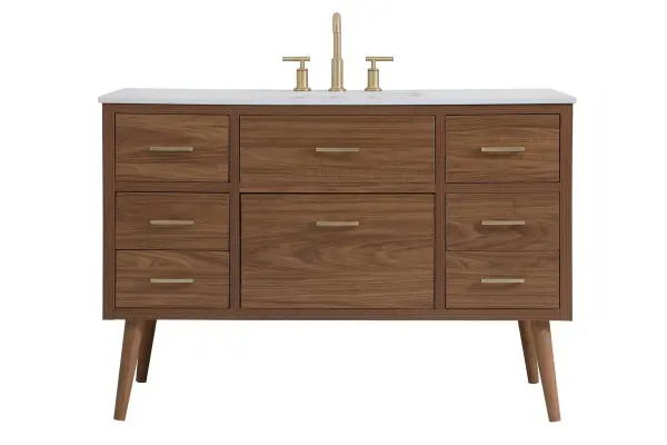 Delve into a world of minimalistic fashion and contemporary styling with this midcentury modern 48" vanity. The clean lines anchors the design, while the oblique tapered cylinder legs add subtle interest. However, the artful juxtaposition creates a blend of bright modernity and classical traditions. A gold handle adorns the top fake drawer hiding the base of the undermount porcelain sink while another one allows you to pull the bottom drawer out, letting you store your bathroom necessities and toiletries. The compact size makes it the perfect vanity for any bathroom or powder room, regardless of size. Collection: Boise Rooms: bathroom Finish: Walnut Brown Width: 22.00" Height: 33.50" Length: 48.00" Weight: 150.00 lb Material: Engineered stone and Porcelain and steel Country of Origin: Vietnam Manufacturer Warranty: 1 year limited Spec Sheet