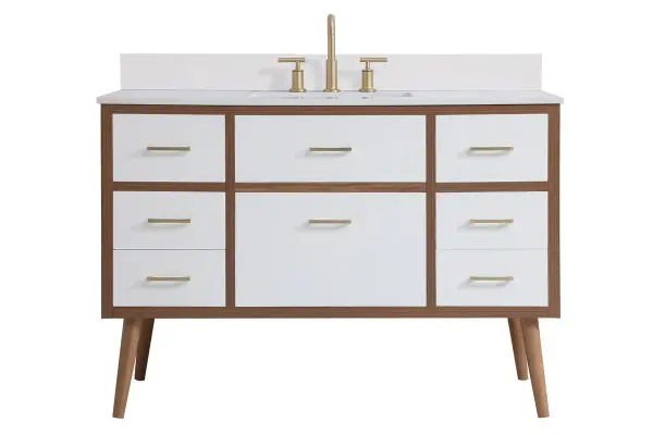 Delve into a world of minimalistic fashion and contemporary styling with this midcentury modern 48" vanity. The clean lines anchors the design, while the oblique tapered cylinder legs add subtle interest. However, the artful juxtaposition between the walnut brown and matte white creates a blend of bright modernity and classical traditions. A gold handle adorns the top fake drawer hiding the base of the undermount porcelain sink while another one allows you to pull the bottom drawer out, letting you store your bathroom necessities and toiletries. The compact size makes it the perfect vanity for any bathroom or powder room, regardless of size. Comes with a matching backsplash to complete the look and protects your wall. Collection: Boise Rooms: Bathroom Finish: White Width: 22.00" Height: 33.50" Length: 48.00" Weight: 150.00 lb Material: MDF Country of Origin: Vietnam Manufacturer Warranty: 1 year limited Spec Sheet
