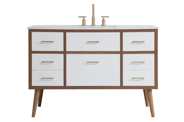 Delve into a world of minimalistic fashion and contemporary styling with this midcentury modern 48" vanity. The clean lines anchors the design, while the oblique tapered cylinder legs add subtle interest. However, the artful juxtaposition between the walnut brown and matte white creates a blend of bright modernity and classical traditions. A gold handle adorns the top fake drawer hiding the base of the undermount porcelain sink while another one allows you to pull the bottom drawer out, letting you store your bathroom necessities and toiletries. The compact size makes it the perfect vanity for any bathroom or powder room, regardless of size. Collection: Boise Rooms: bathroom Finish: White Width: 22.00" Height: 33.50" Length: 48.00" Weight: 150.00 lb Material: Engineered stone and Porcelain and steel Country of Origin: Vietnam Manufacturer Warranty: 1 year limited Spec Sheet