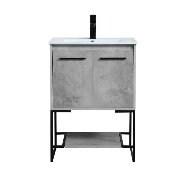 Live in modern comfort with this 24" concrete grey finish vanity. Dressed in a concrete grey and sleek black metal hardware, its contemporary style will have your bathroom or powder room elevated in industrial sophistication. The open shelf at the base and two doors reveal ample storage space for your bathroom essentials and miscellany. Clean lines create its own visual interest, adding trendy looks to your already chic room. Collection: Gerard Rooms: bathroom Finish: Concrete Grey Width: 18.31" Height: 33.46" Length: 24.00" Weight: 66.00 lb Material: MDF, resin, metal Country of Origin: Vietnam Manufacturer Warranty: 1 year limited Spec Sheet