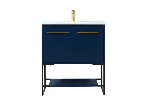 Live in modern comfort with this 30" blue finish vanity. Dressed in a blue and sleek gold metal hardware, its contemporary style will have your bathroom or powder room elevated in industrial sophistication. The open shelf at the base and two doors reveal ample storage space for your bathroom essentials and miscellany. Clean lines create its own visual interest, adding trendy looks to your already chic room. Collection: Sloane Rooms: bathroom Finish: Blue Width: 18.00" Height: 33.50" Length: 30.00" Weight: 85.00 lb Material: mdf Country of Origin: Vietnam Manufacturer Warranty: 1 year limited Spec Sheet