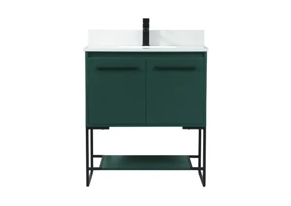 Live in modern comfort with this 30" green finish vanity. Dressed in a green and sleek black metal hardware, its contemporary style will have your bathroom or powder room elevated in industrial sophistication. The open shelf at the base and two doors reveal ample storage space for your bathroom essentials and miscellany. Clean lines create its own visual interest, adding trendy looks to your already chic room. Comes with a matching backsplash to complete the look and protects your wall. Collection: Sloane Rooms: bathroom Finish: Green Width: 18.00" Height: 33.50" Length: 30.00" Weight: 85.00 lb Material: mdf Country of Origin: Vietnam Manufacturer Warranty: 1 year limited Spec Sheet