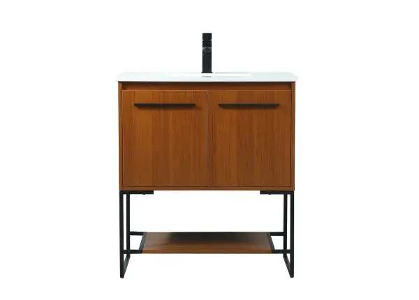 Live in modern comfort with this 30" teak finish vanity. Dressed in a teak and sleek black metal hardware, its contemporary style will have your bathroom or powder room elevated in industrial sophistication. The open shelf at the base and two doors reveal ample storage space for your bathroom essentials and miscellany. Clean lines create its own visual interest, adding trendy looks to your already chic room. Collection: Sloane Rooms: bathroom Finish: Teak Width: 18.00" Height: 33.50" Length: 30.00" Weight: 85.00 lb Material: mdf Country of Origin: Vietnam Manufacturer Warranty: 1 year limited Spec Sheet