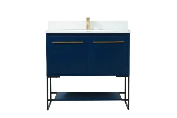 Live in modern comfort with this 36" blue finish vanity. Dressed in a blue and sleek gold metal hardware, its contemporary style will have your bathroom or powder room elevated in industrial sophistication. The open shelf at the base and two doors reveal ample storage space for your bathroom essentials and miscellany. Clean lines create its own visual interest, adding trendy looks to your already chic room. Comes with a matching backsplash to complete the look and protects your wall. Collection: Sloane Rooms: bathroom Finish: Blue Width: 18.00" Height: 33.50" Length: 36.00" Weight: 100.00 lb Material: mdf Country of Origin: Vietnam Manufacturer Warranty: 1 year limited Spec Sheet