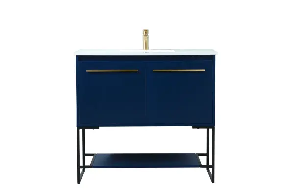 Live in modern comfort with this 36" blue finish vanity. Dressed in a blue and sleek gold metal hardware, its contemporary style will have your bathroom or powder room elevated in industrial sophistication. The open shelf at the base and two doors reveal ample storage space for your bathroom essentials and miscellany. Clean lines create its own visual interest, adding trendy looks to your already chic room. Collection: Sloane Rooms: bathroom Finish: Blue Width: 18.00" Height: 33.50" Length: 36.00" Weight: 100.00 lb Material: mdf Country of Origin: Vietnam Manufacturer Warranty: 1 year limited Spec Sheet