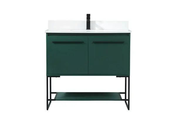 Live in modern comfort with this 36" green finish vanity. Dressed in a green and sleek black metal hardware, its contemporary style will have your bathroom or powder room elevated in industrial sophistication. The open shelf at the base and two doors reveal ample storage space for your bathroom essentials and miscellany. Clean lines create its own visual interest, adding trendy looks to your already chic room. Comes with a matching backsplash to complete the look and protects your wall. Collection: Sloane Rooms: bathroom Finish: Green Width: 18.00" Height: 33.50" Length: 36.00" Weight: 100.00 lb Material: mdf Country of Origin: Vietnam Manufacturer Warranty: 1 year limited Spec Sheet