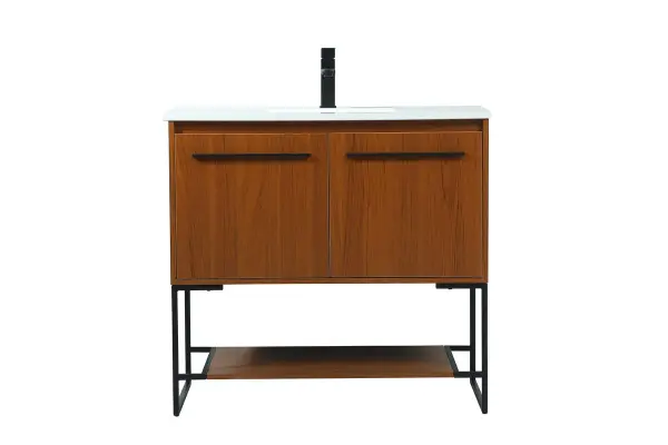Live in modern comfort with this 36" teak finish vanity. Dressed in a teak and sleek black metal hardware, its contemporary style will have your bathroom or powder room elevated in industrial sophistication. The open shelf at the base and two doors reveal ample storage space for your bathroom essentials and miscellany. Clean lines create its own visual interest, adding trendy looks to your already chic room. Collection: Sloane Rooms: bathroom Finish: Teak Width: 18.00" Height: 33.50" Length: 36.00" Weight: 100.00 lb Material: mdf Country of Origin: Vietnam Manufacturer Warranty: 1 year limited Spec Sheet