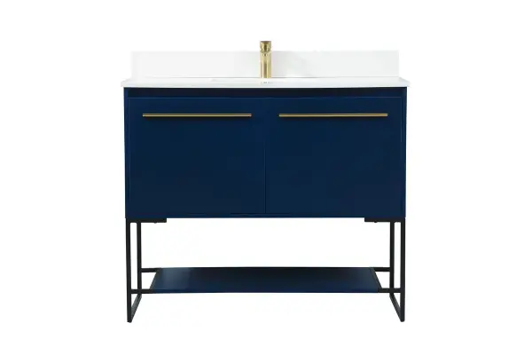 Live in modern comfort with this 40" blue finish vanity. Dressed in a blue and sleek gold metal hardware, its contemporary style will have your bathroom or powder room elevated in industrial sophistication. The open shelf at the base and two doors reveal ample storage space for your bathroom essentials and miscellany. Clean lines create its own visual interest, adding trendy looks to your already chic room. Comes with a matching backsplash to complete the look and protects your wall. Collection: Sloane Rooms: bathroom Finish: Blue Width: 18.00" Height: 33.50" Length: 40.00" Weight: 109.00 lb Material: mdf Country of Origin: Vietnam Manufacturer Warranty: 1 year limited Spec Sheet