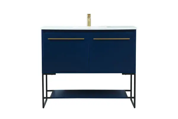 Live in modern comfort with this 40" blue finish vanity. Dressed in a blue and sleek gold metal hardware, its contemporary style will have your bathroom or powder room elevated in industrial sophistication. The open shelf at the base and two doors reveal ample storage space for your bathroom essentials and miscellany. Clean lines create its own visual interest, adding trendy looks to your already chic room. Collection: Sloane Rooms: bathroom Finish: Blue Width: 18.00" Height: 33.50" Length: 40.00" Weight: 109.00 lb Material: mdf Country of Origin: Vietnam Manufacturer Warranty: 1 year limited Spec Sheet