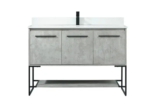 Live in modern comfort with this 48" concrete grey finish vanity. Dressed in a concrete grey and sleek black metal hardware, its contemporary style will have your bathroom or powder room elevated in industrial sophistication. The open shelf at the base and three doors reveal ample storage space for your bathroom essentials and miscellany. Clean lines create its own visual interest, adding trendy looks to your already chic room. Comes with a matching backsplash to complete the look and protects your wall. Collection: Sloane Rooms: bathroom Finish: Concrete Grey Width: 18.00" Height: 33.50" Length: 48.00" Weight: 130.00 lb Material: mdf Country of Origin: Vietnam Manufacturer Warranty: 1 year limited Spec Sheet