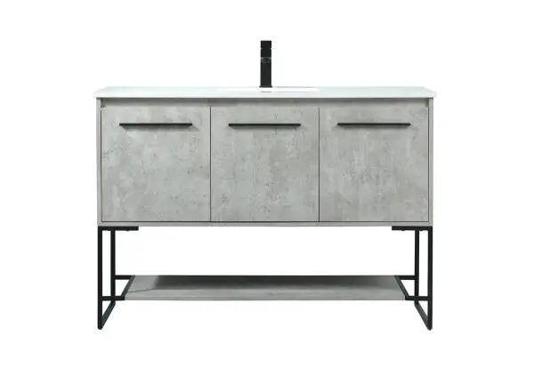 Live in modern comfort with this 48" concrete grey finish vanity. Dressed in a concrete grey and sleek black metal hardware, its contemporary style will have your bathroom or powder room elevated in industrial sophistication. The open shelf at the base and three doors reveal ample storage space for your bathroom essentials and miscellany. Clean lines create its own visual interest, adding trendy looks to your already chic room. Collection: Sloane Rooms: bathroom Finish: Concrete Grey Width: 18.00" Height: 33.50" Length: 48.00" Weight: 130.00 lb Material: mdf Country of Origin: Vietnam Manufacturer Warranty: 1 year limited Spec Sheet