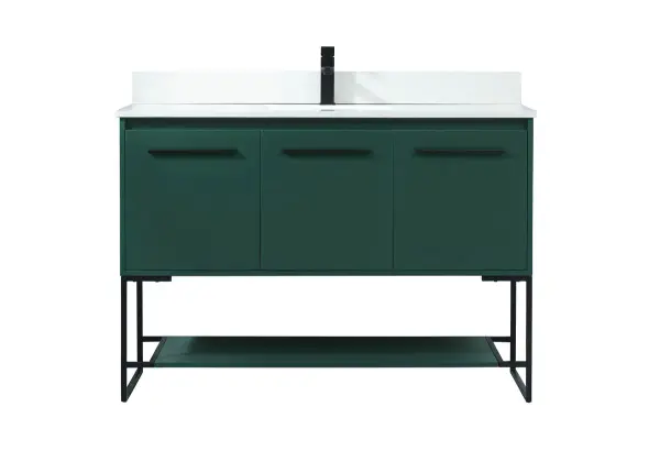 Live in modern comfort with this 48" green finish vanity. Dressed in a green and sleek black metal hardware, its contemporary style will have your bathroom or powder room elevated in industrial sophistication. The open shelf at the base and three doors reveal ample storage space for your bathroom essentials and miscellany. Clean lines create its own visual interest, adding trendy looks to your already chic room. Comes with a matching backsplash to complete the look and protects your wall. Collection: Sloane Rooms: bathroom Finish: Green Width: 18.00" Height: 33.50" Length: 48.00" Weight: 130.00 lb Material: mdf Country of Origin: Vietnam Manufacturer Warranty: 1 year limited Spec Sheet