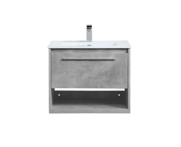 Save space and make your bathroom appear bigger with this 24" floating vanity in a concrete grey finish. Its minimal design will have you in awe, while its clean lines will leave your room feeling fresh and uncluttered. The Single u-drawer pulls out for storage while the open space below allows you to place extra towels or various other essentials. Collection: Kasper Rooms: bathroom Finish: Concrete Grey Width: 18.31" Height: 19.69" Length: 24.00" Weight: 60.00 lb Material: MDF, resin, metal Country of Origin: Malaysia Manufacturer Warranty: 1 year limited Spec Sheet