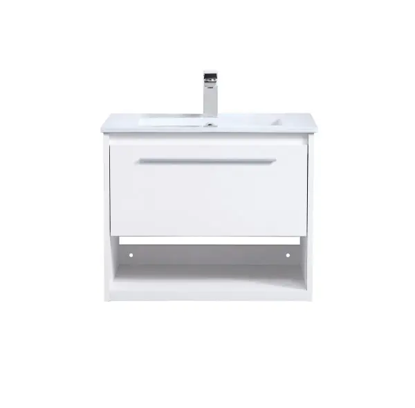 Save space and make your bathroom appear bigger with this 24" floating vanity in a white finish. Its minimal design will have you in awe, while its clean lines will leave your room feeling fresh and uncluttered. The Single u-drawer pulls out for storage while the open space below allows you to place extra towels or various other essentials. Collection: Kasper Rooms: bathroom Finish: White Width: 18.31" Height: 19.69" Length: 24.00" Weight: 60.00 lb Material: MDF, resin, metal Country of Origin: Malaysia Manufacturer Warranty: 1 year limited Spec Sheet