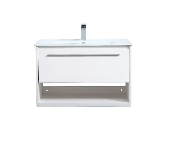 Save space and make your bathroom appear bigger with this 30" floating vanity in a white finish. Its minimal design will have you in awe, while its clean lines will leave your room feeling fresh and uncluttered. The Single u-drawer pulls out for storage while the open space below allows you to place extra towels or various other essentials. Collection: Kasper Rooms: bathroom Finish: White Width: 18.31" Height: 19.69" Length: 30.00" Weight: 66.00 lb Material: MDF, resin, metal Country of Origin: Malaysia Manufacturer Warranty: 1 year limited Spec Sheet