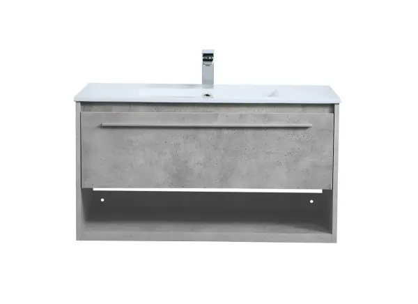 Save space and make your bathroom appear bigger with this 36" floating vanity in a concrete grey finish. Its minimal design will have you in awe, while its clean lines will leave your room feeling fresh and uncluttered. The Single u-drawer pulls out for storage while the open space below allows you to place extra towels or various other essentials. Collection: Kasper Rooms: bathroom Finish: Concrete Grey Width: 18.31" Height: 19.69" Length: 36.00" Weight: 82.00 lb Material: MDF, resin, metal Country of Origin: Malaysia Manufacturer Warranty: 1 year limited Spec Sheet