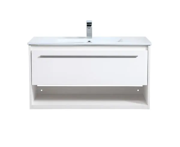 Save space and make your bathroom appear bigger with this 36" floating vanity in a white finish. Its minimal design will have you in awe, while its clean lines will leave your room feeling fresh and uncluttered. The Single u-drawer pulls out for storage while the open space below allows you to place extra towels or various other essentials. Collection: Kasper Rooms: bathroom Finish: White Width: 18.31" Height: 19.69" Length: 36.00" Weight: 82.00 lb Material: MDF, resin, metal Country of Origin: Malaysia Manufacturer Warranty: 1 year limited Spec Sheet