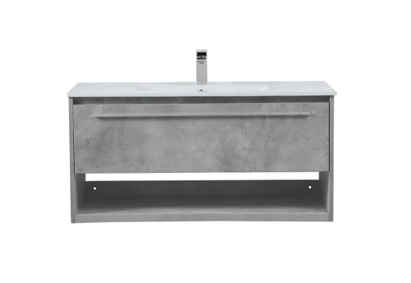 Save space and make your bathroom appear bigger with this 40" floating vanity in a concrete grey finish. Its minimal design will have you in awe, while its clean lines will leave your room feeling fresh and uncluttered. The Single u-drawer pulls out for storage while the open space below allows you to place extra towels or various other essentials. Collection: Kasper Rooms: bathroom Finish: Concrete Grey Width: 18.31" Height: 19.69" Length: 40.00" Weight: 91.00 lb Material: MDF, resin, metal Country of Origin: Malaysia Manufacturer Warranty: 1 year limited Spec Sheet