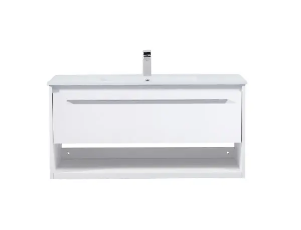 Save space and make your bathroom appear bigger with this 40" floating vanity in a white finish. Its minimal design will have you in awe, while its clean lines will leave your room feeling fresh and uncluttered. The Single u-drawer pulls out for storage while the open space below allows you to place extra towels or various other essentials. Collection: Kasper Rooms: bathroom Finish: White Width: 18.31" Height: 19.69" Length: 40.00" Weight: 91.00 lb Material: MDF, resin, metal Country of Origin: Malaysia Manufacturer Warranty: 1 year limited Spec Sheet