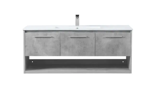 Save space and make your bathroom appear bigger with this 48" floating vanity in a concrete grey finish. Its minimal design will have you in awe, while its clean lines will leave your room feeling fresh and uncluttered. The Single u-drawer and 2 cabinet doors pulls out for storage while the open space below allows you to place extra towels or various other essentials. Collection: Kasper Rooms: bathroom Finish: Concrete Grey Width: 18.31" Height: 19.69" Length: 48.00" Weight: 112.00 lb Material: MDF, resin, metal Country of Origin: Malaysia Manufacturer Warranty: 1 year limited Spec Sheet