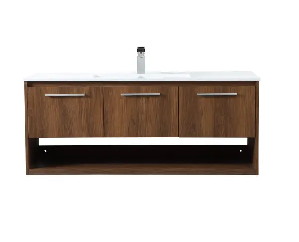 Save space and make your bathroom appear bigger with this 48" floating vanity in a walnut brown finish. Its minimal design will have you in awe, while its clean lines will leave your room feeling fresh and uncluttered. The Single u-drawer and 2 cabinet doors pulls out for storage while the open space below allows you to place extra towels or various other essentials. Collection: Kasper Rooms: bathroom Finish: Walnut Brown Width: 18.31" Height: 19.69" Length: 48.00" Weight: 112.00 lb Material: MDF, resin, metal Country of Origin: Malaysia Manufacturer Warranty: 1 year limited Spec Sheet