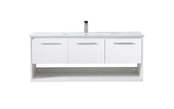 Save space and make your bathroom appear bigger with this 48" floating vanity in a white finish. Its minimal design will have you in awe, while its clean lines will leave your room feeling fresh and uncluttered. The Single u-drawer and 2 cabinet doors pulls out for storage while the open space below allows you to place extra towels or various other essentials. Collection: Kasper Rooms: bathroom Finish: White Width: 18.31" Height: 19.69" Length: 48.00" Weight: 112.00 lb Material: MDF, resin, metal Country of Origin: Malaysia Manufacturer Warranty: 1 year limited Spec Sheet