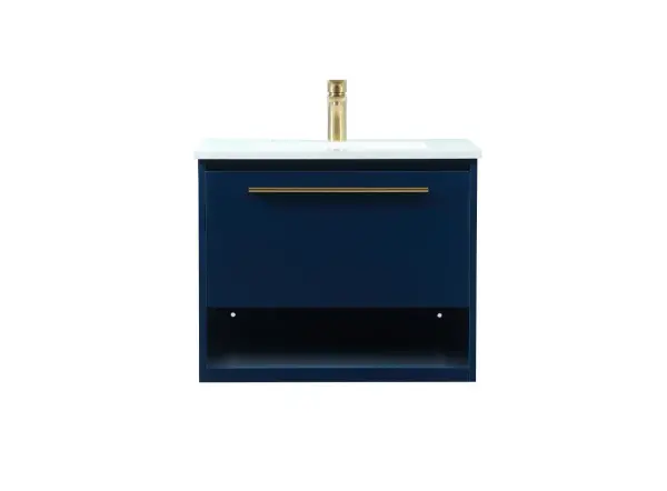 Save space and make your bathroom appear bigger with this floating vanity. Its minimal design will have you in awe, while its clean lines will leave your room feeling fresh and uncluttered. The Single u-drawer pulls out for storage while the open space below allows you to place extra towels or various other essentials. The ivory white engineered marble counter top with porcelain sink adds refined luxe while the aluminum barpull style handle adorn the vanity face. Collection: Roman Rooms: bathroom Finish: Blue Width: 18.00" Height: 19.70" Length: 24.00" Weight: 68.00 lb Material: MDF Country of Origin: Vietnam Manufacturer Warranty: 1 year limited Spec Sheet