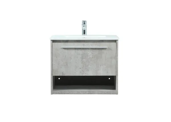 Save space and make your bathroom appear bigger with this floating vanity. Its minimal design will have you in awe, while its clean lines will leave your room feeling fresh and uncluttered. The Single u-drawer pulls out for storage while the open space below allows you to place extra towels or various other essentials. The ivory white engineered marble counter top with porcelain sink adds refined luxe while the aluminum barpull style handle adorn the vanity face. Collection: Roman Rooms: bathroom Finish: Concrete Grey Width: 18.00" Height: 19.70" Length: 24.00" Weight: 68.00 lb Material: MDF Country of Origin: Vietnam Manufacturer Warranty: 1 year limited Spec Sheet
