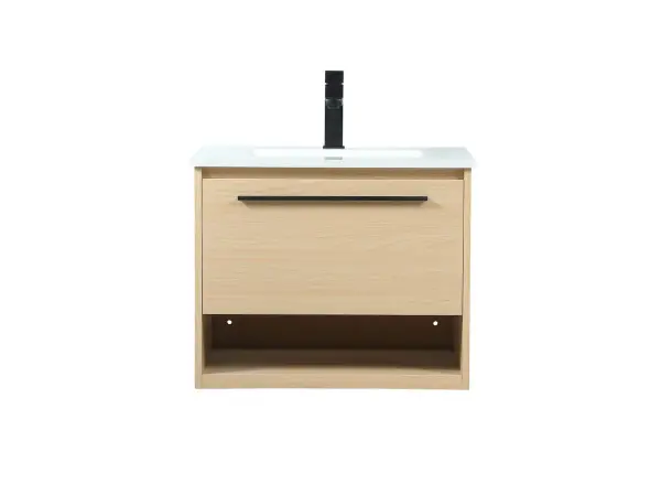 Save space and make your bathroom appear bigger with this floating vanity. Its minimal design will have you in awe, while its clean lines will leave your room feeling fresh and uncluttered. The Single u-drawer pulls out for storage while the open space below allows you to place extra towels or various other essentials. The ivory white engineered marble counter top with porcelain sink adds refined luxe while the aluminum barpull style handle adorn the vanity face. Collection: Roman Rooms: bathroom Finish: Maple Width: 18.00" Height: 19.70" Length: 24.00" Weight: 68.00 lb Material: MDF Country of Origin: Vietnam Manufacturer Warranty: 1 year limited Spec Sheet