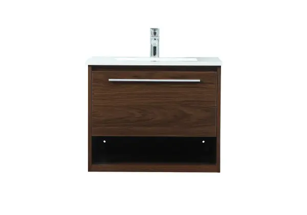 Save space and make your bathroom appear bigger with this floating vanity. Its minimal design will have you in awe, while its clean lines will leave your room feeling fresh and uncluttered. The Single u-drawer pulls out for storage while the open space below allows you to place extra towels or various other essentials. The ivory white engineered marble counter top with porcelain sink adds refined luxe while the aluminum barpull style handle adorn the vanity face. Collection: Roman Rooms: bathroom Finish: Walnut Width: 18.00" Height: 19.70" Length: 24.00" Weight: 68.00 lb Material: MDF Country of Origin: Vietnam Manufacturer Warranty: 1 year limited Spec Sheet