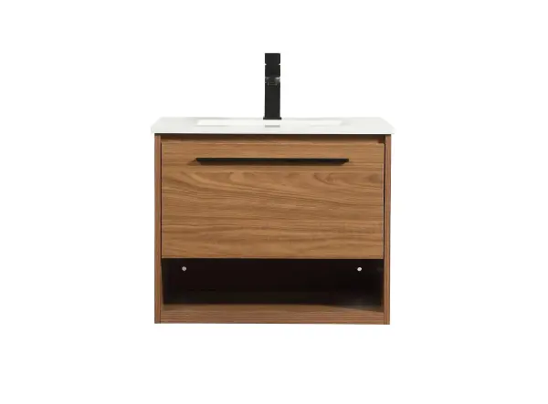 Save space and make your bathroom appear bigger with this floating vanity. Its minimal design will have you in awe, while its clean lines will leave your room feeling fresh and uncluttered. The Single u-drawer pulls out for storage while the open space below allows you to place extra towels or various other essentials. The ivory white engineered marble counter top with porcelain sink adds refined luxe while the aluminum barpull style handle adorn the vanity face. Collection: Roman Rooms: bathroom Finish: Walnut Brown Width: 18.00" Height: 19.70" Length: 24.00" Weight: 68.00 lb Material: MDF Country of Origin: Vietnam Manufacturer Warranty: 1 year limited