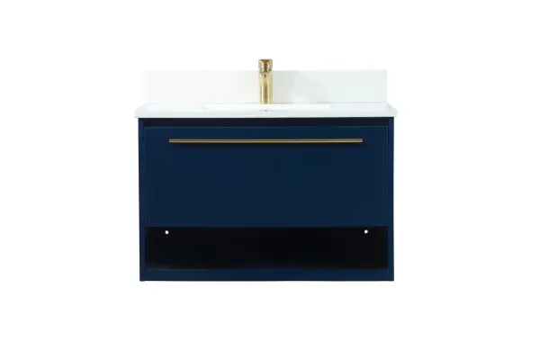 Save space and make your bathroom appear bigger with this floating vanity. Its minimal design will have you in awe, while its clean lines will leave your room feeling fresh and uncluttered. The Single u-drawer pulls out for storage while the open space below allows you to place extra towels or various other essentials. The ivory white engineered marble counter top with porcelain sink adds refined luxe while the aluminum barpull style handle adorn the vanity face. Comes with a matching backsplash to protect your walls. Collection: Roman Rooms: bathroom Finish: Blue Width: 18.00" Height: 19.70" Length: 30.00" Weight: 80.00 lb Material: MDF Country of Origin: Vietnam Manufacturer Warranty: 1 year limited Spec Sheet