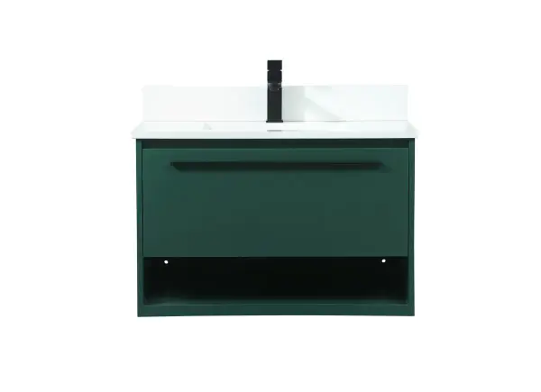 Save space and make your bathroom appear bigger with this floating vanity. Its minimal design will have you in awe, while its clean lines will leave your room feeling fresh and uncluttered. The Single u-drawer pulls out for storage while the open space below allows you to place extra towels or various other essentials. The ivory white engineered marble counter top with porcelain sink adds refined luxe while the aluminum barpull style handle adorn the vanity face. Comes with a matching backsplash to protect your walls. Collection: Roman Rooms: bathroom Finish: Green Width: 18.00" Height: 19.70" Length: 30.00" Weight: 80.00 lb Material: MDF Country of Origin: Vietnam Manufacturer Warranty: 1 year limited Spec Sheet