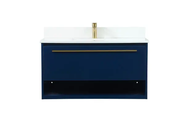 Save space and make your bathroom appear bigger with this floating vanity. Its minimal design will have you in awe, while its clean lines will leave your room feeling fresh and uncluttered. The Single u-drawer pulls out for storage while the open space below allows you to place extra towels or various other essentials. The ivory white engineered marble counter top with porcelain sink adds refined luxe while the aluminum barpull style handle adorn the vanity face. Comes with a matching backsplash to protect your walls. Collection: Roman Rooms: bathroom Finish: Blue Width: 18.00" Height: 19.70" Length: 36.00" Weight: 94.00 lb Material: MDF Country of Origin: Vietnam Manufacturer Warranty: 1 year limited Spec Sheet