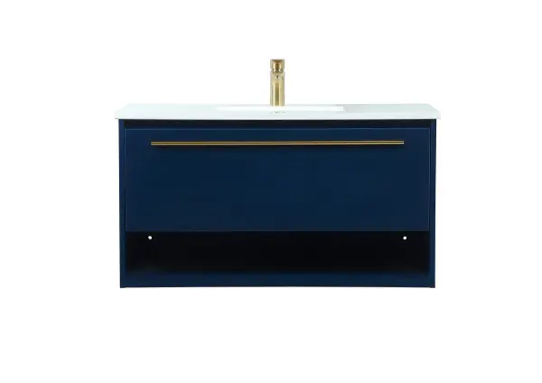 Save space and make your bathroom appear bigger with this floating vanity. Its minimal design will have you in awe, while its clean lines will leave your room feeling fresh and uncluttered. The Single u-drawer pulls out for storage while the open space below allows you to place extra towels or various other essentials. The ivory white engineered marble counter top with porcelain sink adds refined luxe while the aluminum barpull style handle adorn the vanity face. Collection: Roman Rooms: bathroom Finish: Blue Width: 18.00" Height: 19.70" Length: 36.00" Weight: 94.00 lb Material: MDF Country of Origin: Vietnam Manufacturer Warranty: 1 year limited Spec Sheet