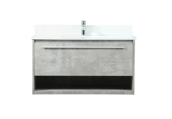 Save space and make your bathroom appear bigger with this floating vanity. Its minimal design will have you in awe, while its clean lines will leave your room feeling fresh and uncluttered. The Single u-drawer pulls out for storage while the open space below allows you to place extra towels or various other essentials. The ivory white engineered marble counter top with porcelain sink adds refined luxe while the aluminum barpull style handle adorn the vanity face. Comes with a matching backsplash to protect your walls. Collection: Roman Rooms: bathroom Finish: Concrete Grey Width: 18.00" Height: 19.70" Length: 36.00" Weight: 94.00 lb Material: MDF Country of Origin: Vietnam Manufacturer Warranty: 1 year limited Spec Sheet