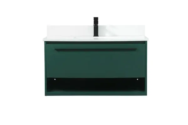 Save space and make your bathroom appear bigger with this floating vanity. Its minimal design will have you in awe, while its clean lines will leave your room feeling fresh and uncluttered. The Single u-drawer pulls out for storage while the open space below allows you to place extra towels or various other essentials. The ivory white engineered marble counter top with porcelain sink adds refined luxe while the aluminum barpull style handle adorn the vanity face. Comes with a matching backsplash to protect your walls. Collection: Roman Rooms: bathroom Finish: Green Width: 18.00" Height: 19.70" Length: 36.00" Weight: 94.00 lb Material: MDF Country of Origin: Vietnam Manufacturer Warranty: 1 year limited Spec Sheet