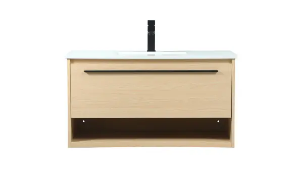 Save space and make your bathroom appear bigger with this floating vanity. Its minimal design will have you in awe, while its clean lines will leave your room feeling fresh and uncluttered. The Single u-drawer pulls out for storage while the open space below allows you to place extra towels or various other essentials. The ivory white engineered marble counter top with porcelain sink adds refined luxe while the aluminum barpull style handle adorn the vanity face. Collection: Roman Rooms: bathroom Finish: Maple Width: 18.00" Height: 19.70" Length: 36.00" Weight: 94.00 lb Material: MDF Country of Origin: Vietnam Manufacturer Warranty: 1 year limited Spec Sheet