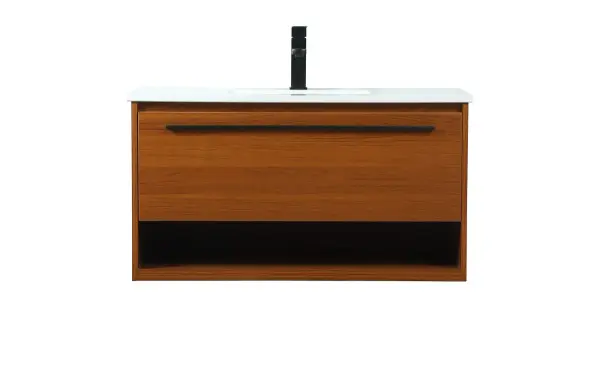Save space and make your bathroom appear bigger with this floating vanity. Its minimal design will have you in awe, while its clean lines will leave your room feeling fresh and uncluttered. The Single u-drawer pulls out for storage while the open space below allows you to place extra towels or various other essentials. The ivory white engineered marble counter top with porcelain sink adds refined luxe while the aluminum barpull style handle adorn the vanity face. Collection: Roman Rooms: bathroom Finish: Teak Width: 18.00" Height: 19.70" Length: 36.00" Weight: 94.00 lb Material: MDF Country of Origin: Vietnam Manufacturer Warranty: 1 year limited Spec Sheet
