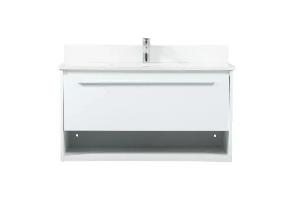 Save space and make your bathroom appear bigger with this floating vanity. Its minimal design will have you in awe, while its clean lines will leave your room feeling fresh and uncluttered. The Single u-drawer pulls out for storage while the open space below allows you to place extra towels or various other essentials. The ivory white engineered marble counter top with porcelain sink adds refined luxe while the aluminum barpull style handle adorn the vanity face. Comes with a matching backsplash to protect your walls. Collection: Roman Rooms: bathroom Finish: White Width: 18.00" Height: 19.70" Length: 36.00" Weight: 94.00 lb Material: MDF Country of Origin: Vietnam Manufacturer Warranty: 1 year limited Spec Sheet