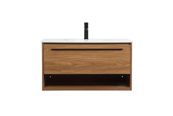 Save space and make your bathroom appear bigger with this floating vanity. Its minimal design will have you in awe, while its clean lines will leave your room feeling fresh and uncluttered. The Single u-drawer pulls out for storage while the open space below allows you to place extra towels or various other essentials. The ivory white engineered marble counter top with porcelain sink adds refined luxe while the aluminum barpull style handle adorn the vanity face. Collection: Roman Rooms: bathroom Finish: Walnut Brown Width: 18.00" Height: 19.70" Length: 36.00" Weight: 94.00 lb Material: MDF Country of Origin: Vietnam Manufacturer Warranty: 1 year limited