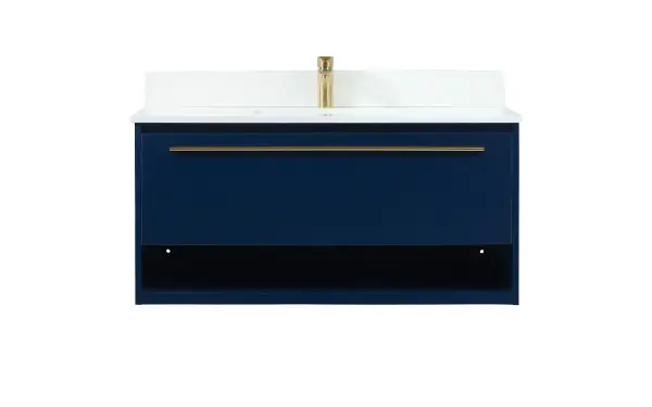 Save space and make your bathroom appear bigger with this floating vanity. Its minimal design will have you in awe, while its clean lines will leave your room feeling fresh and uncluttered. The Single u-drawer pulls out for storage while the open space below allows you to place extra towels or various other essentials. The ivory white engineered marble counter top with porcelain sink adds refined luxe while the aluminum barpull style handle adorn the vanity face. Comes with a matching backsplash to protect your walls. Collection: Roman Rooms: bathroom Finish: Blue Width: 18.00" Height: 19.70" Length: 40.00" Weight: 101.00 lb Material: MDF Country of Origin: Vietnam Manufacturer Warranty: 1 year limited Spec Sheet