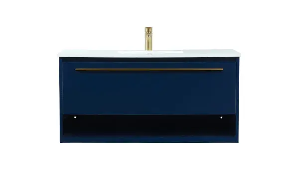 Save space and make your bathroom appear bigger with this floating vanity. Its minimal design will have you in awe, while its clean lines will leave your room feeling fresh and uncluttered. The Single u-drawer pulls out for storage while the open space below allows you to place extra towels or various other essentials. The ivory white engineered marble counter top with porcelain sink adds refined luxe while the aluminum barpull style handle adorn the vanity face. Collection: Roman Rooms: bathroom Finish: Blue Width: 18.00" Height: 19.70" Length: 40.00" Weight: 101.00 lb Material: MDF Country of Origin: Vietnam Manufacturer Warranty: 1 year limited Spec Sheet