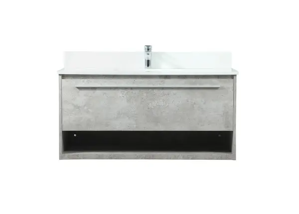 Save space and make your bathroom appear bigger with this floating vanity. Its minimal design will have you in awe, while its clean lines will leave your room feeling fresh and uncluttered. The Single u-drawer pulls out for storage while the open space below allows you to place extra towels or various other essentials. The ivory white engineered marble counter top with porcelain sink adds refined luxe while the aluminum barpull style handle adorn the vanity face. Comes with a matching backsplash to protect your walls. Collection: Roman Rooms: bathroom Finish: Concrete Grey Width: 18.00" Height: 19.70" Length: 40.00" Weight: 101.00 lb Material: MDF Country of Origin: Vietnam Manufacturer Warranty: 1 year limited Spec Sheet