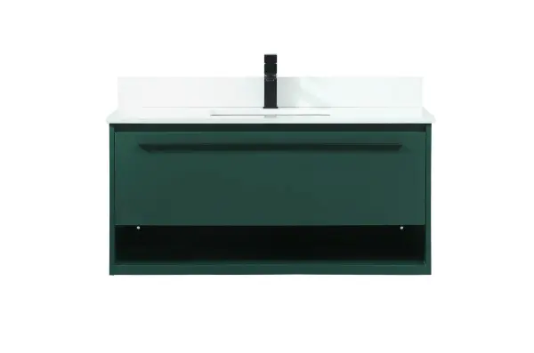 Save space and make your bathroom appear bigger with this floating vanity. Its minimal design will have you in awe, while its clean lines will leave your room feeling fresh and uncluttered. The Single u-drawer pulls out for storage while the open space below allows you to place extra towels or various other essentials. The ivory white engineered marble counter top with porcelain sink adds refined luxe while the aluminum barpull style handle adorn the vanity face. Comes with a matching backsplash to protect your walls. Collection: Roman Rooms: bathroom Finish: Green Width: 18.00" Height: 19.70" Length: 40.00" Weight: 101.00 lb Material: MDF Country of Origin: Vietnam Manufacturer Warranty: 1 year limited Spec Sheet
